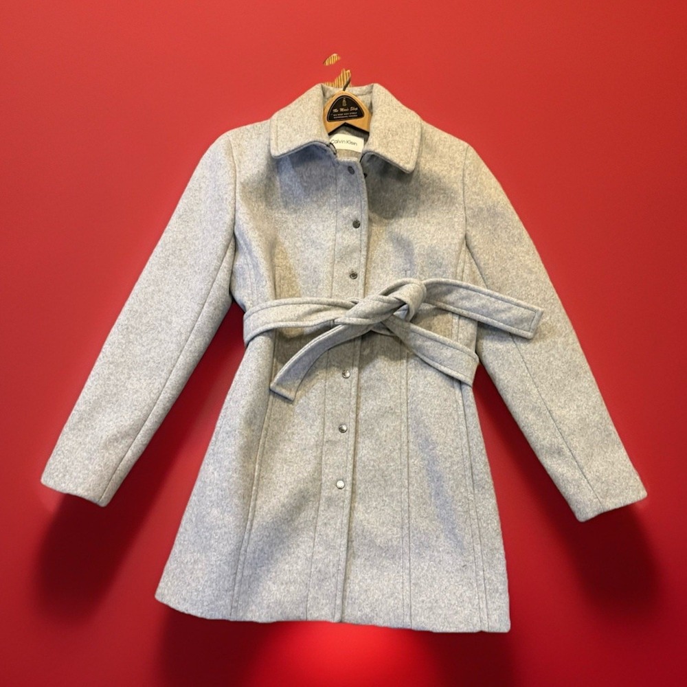 Calvin Klein Petite Belted Club Collar Pea Trench Coat Grey XS NEW